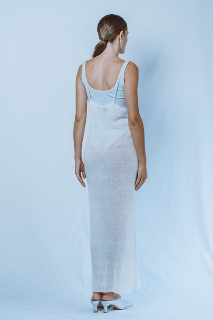 Long dress with chain-stitch straps