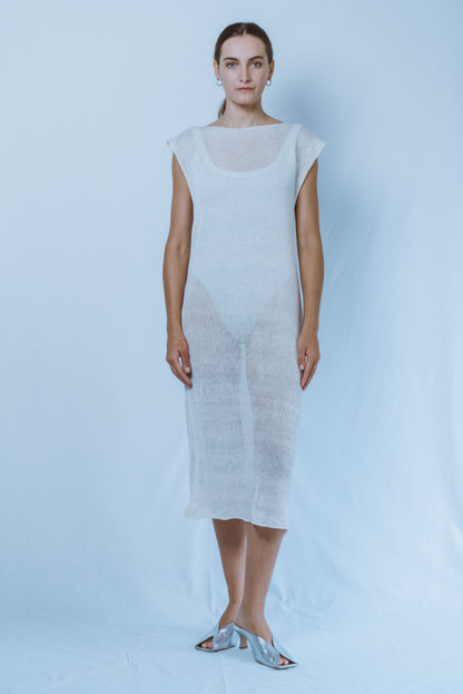 Long boat-neck dress with open V-back