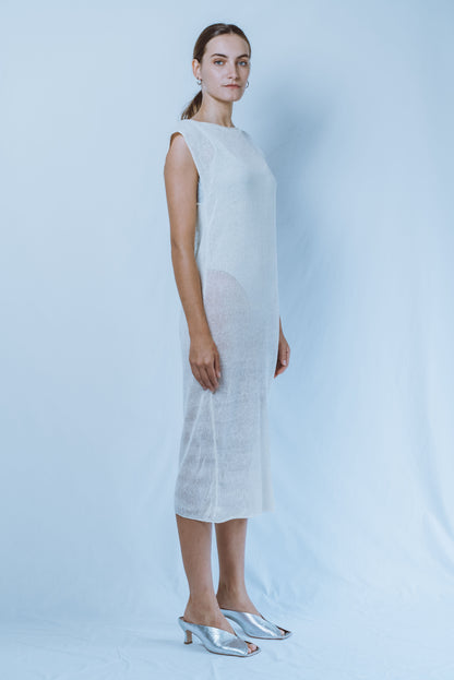 Long boat-neck dress with open V-back
