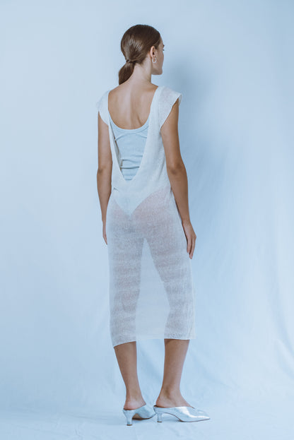 Long boat-neck dress with open V-back