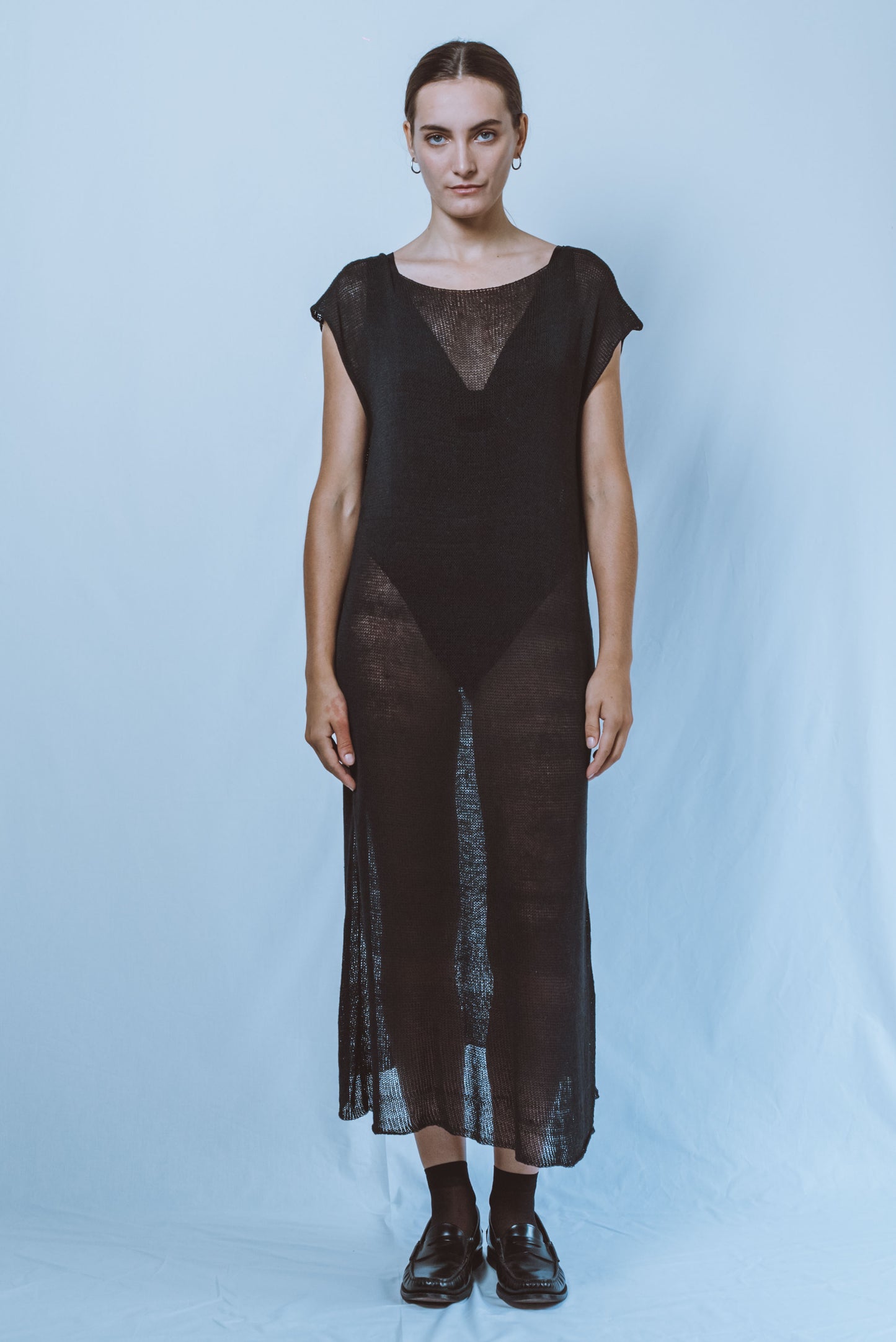 Long boat-neck dress with open V-back