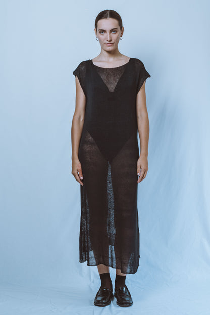 Long boat-neck dress with open V-back