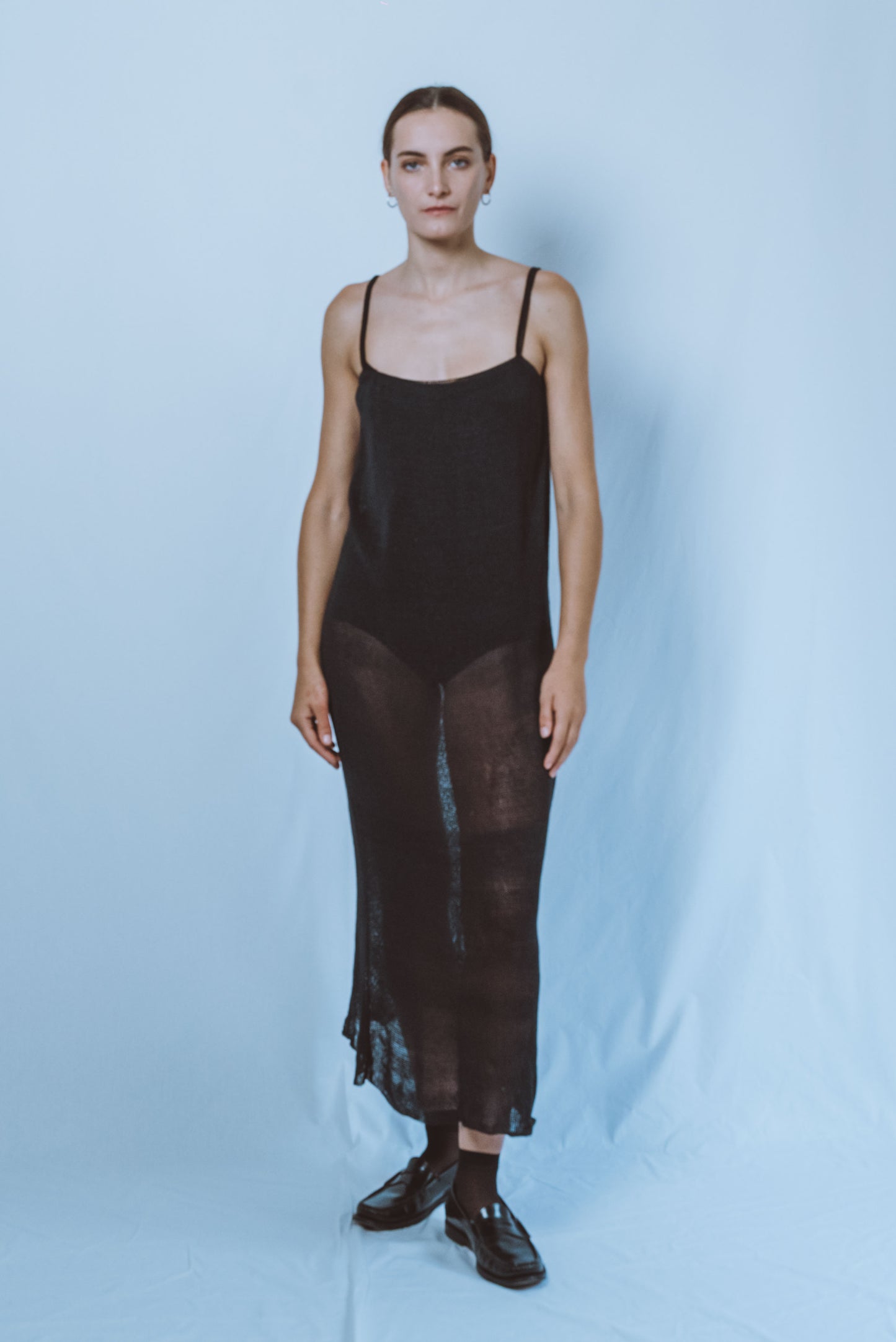 Long dress with chain-stitch straps