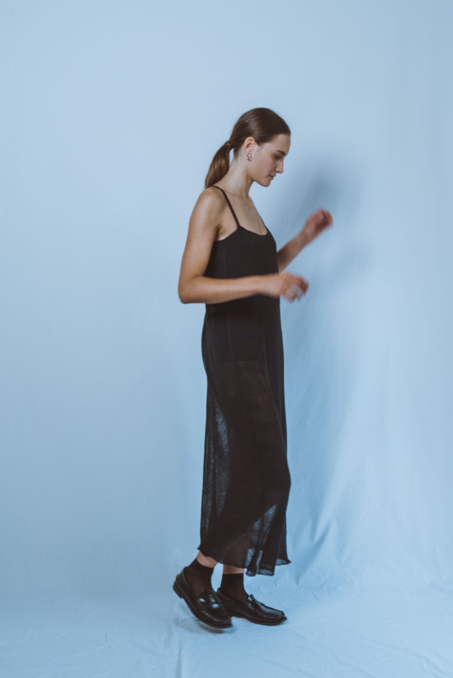 Long dress with chain-stitch straps