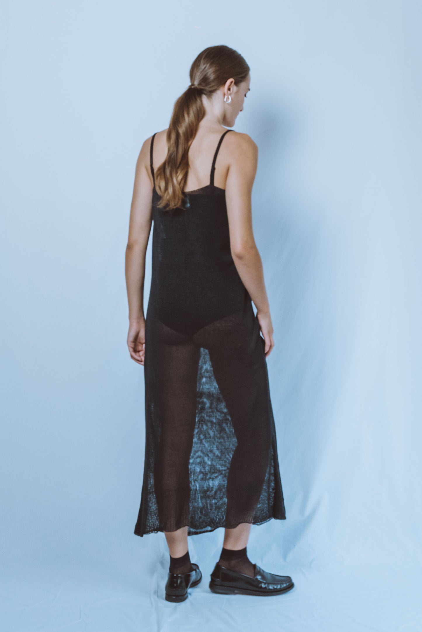 Long dress with chain-stitch straps