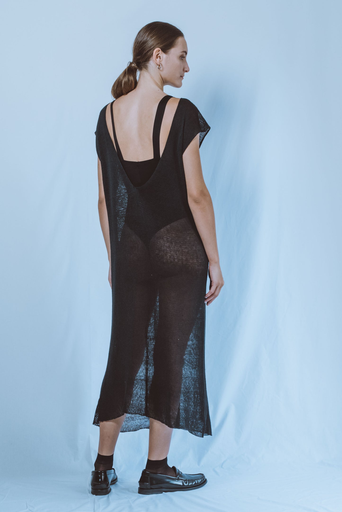 Long boat-neck dress with open V-back