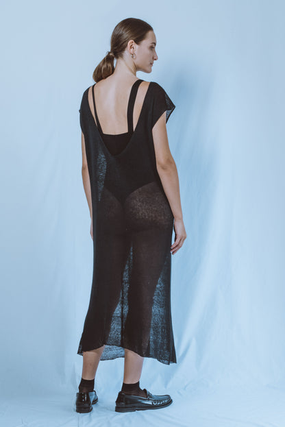 Long boat-neck dress with open V-back