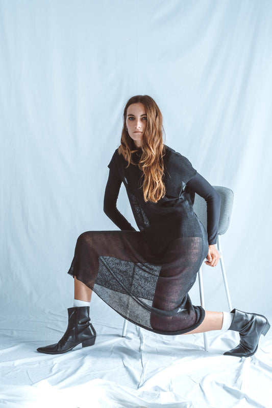 Long boat-neck dress with open V-back