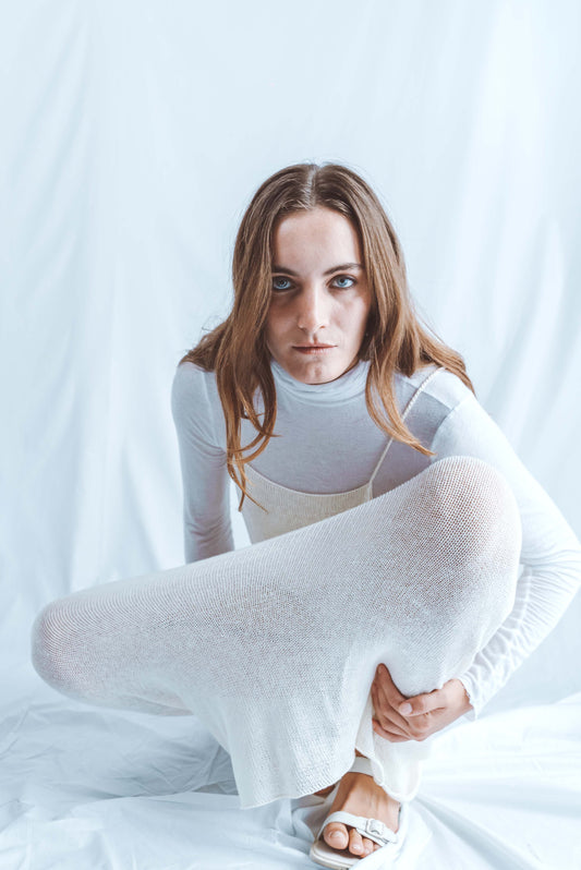 Long dress with chain-stitch straps